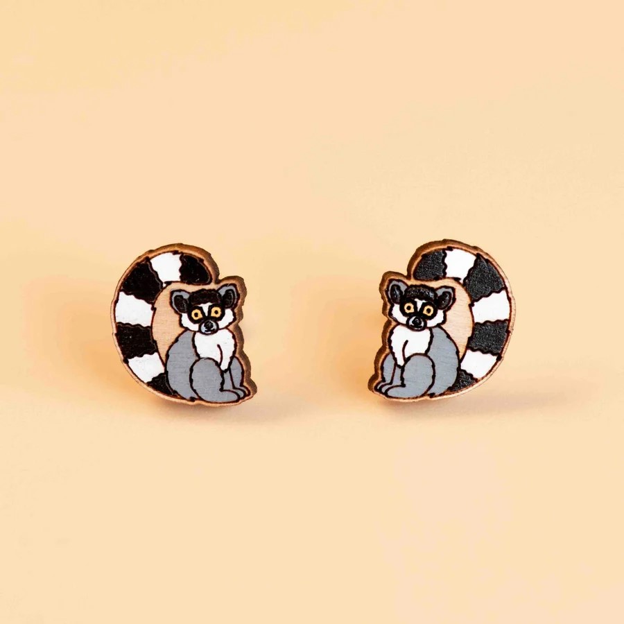 Hand Painted Lemur Earrings Wooden Studs Eco Jewellery
