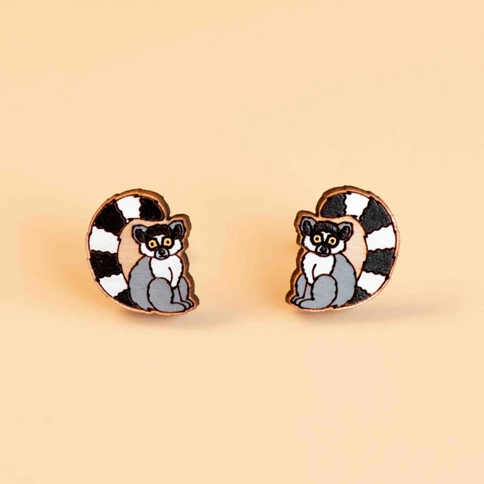 Hand-painted Lemur Earrings Wooden Studs
