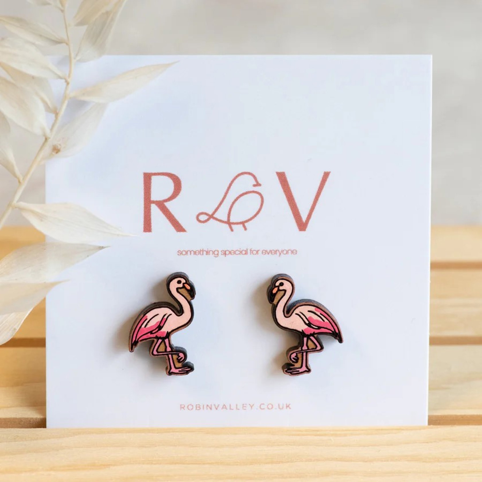 Hand Painted Flamingo Cherry Wood Stud Earrings
