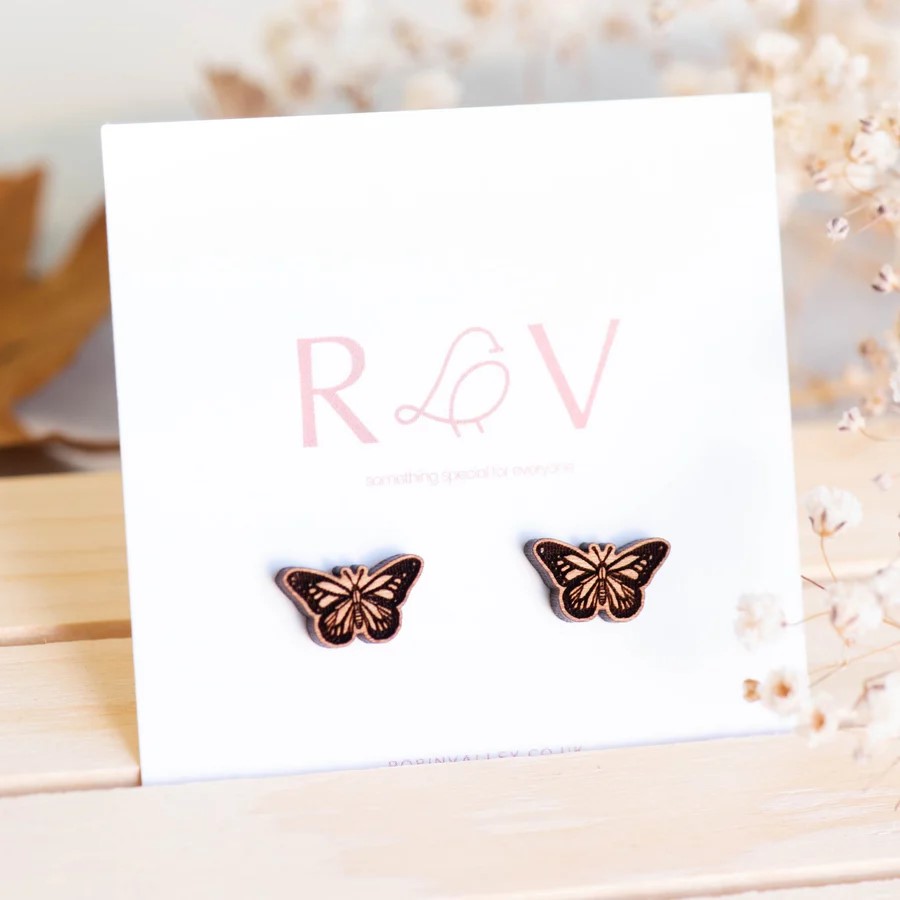 Butterfly Cherry Wood Stud Earrings