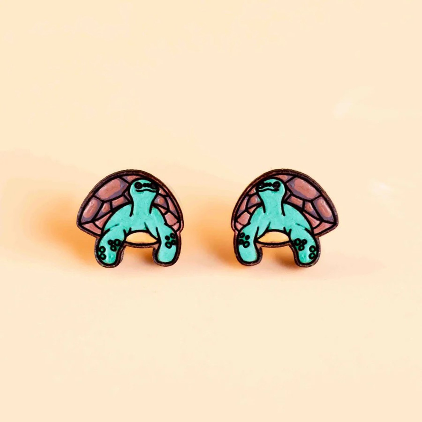 Hand Painted Tortoise Stud Earrings Wooden