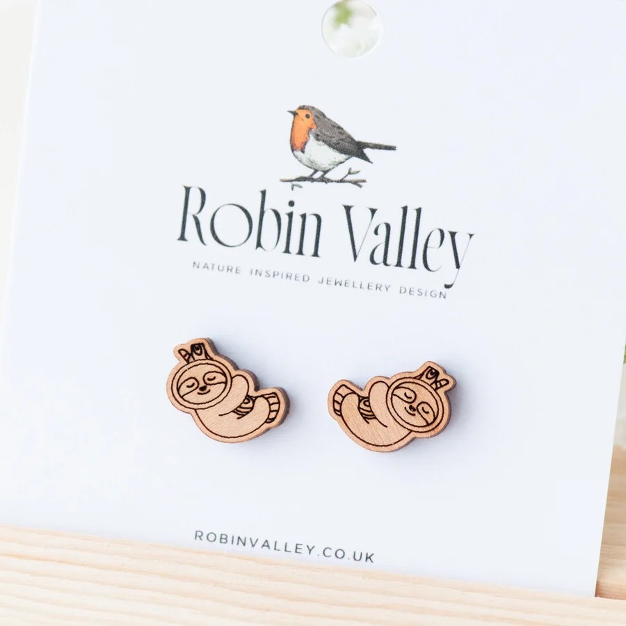 Sleeping Sloth Wooden Earrings