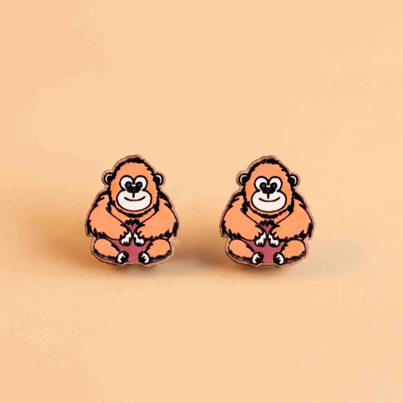 Hand Painted Orangutan Earrings Cherry Wood